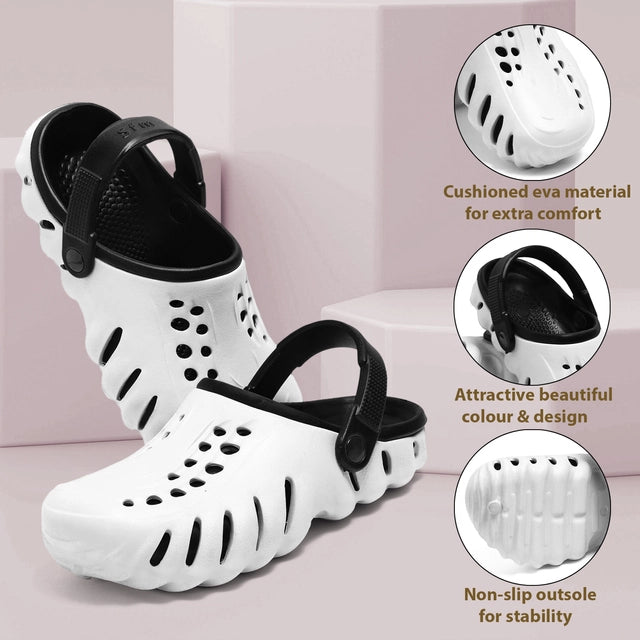 Black & White Clogs for Men, EVA Slip-On with Adjustable Strap, Lightweight, Slip Resistant