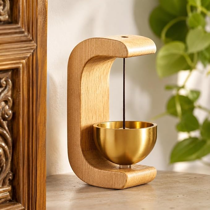 Wooden Door Bell with Brass Bowl | Magnetic Door Chime Bell | Shopkeepers Doorbell for Door Opening | Decorative Magnetic Chime | Ideal for Home, Shop & Housewarming Gift - C-Shaped