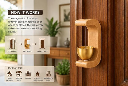 Wooden Door Bell with Brass Bowl | Magnetic Door Chime Bell | Shopkeepers Doorbell for Door Opening | Decorative Magnetic Chime | Ideal for Home, Shop & Housewarming Gift - C-Shaped