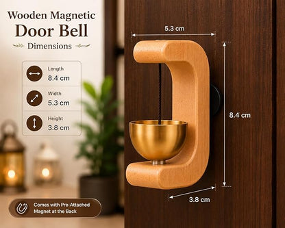 Wooden Door Bell with Brass Bowl | Magnetic Door Chime Bell | Shopkeepers Doorbell for Door Opening | Decorative Magnetic Chime | Ideal for Home, Shop & Housewarming Gift - C-Shaped