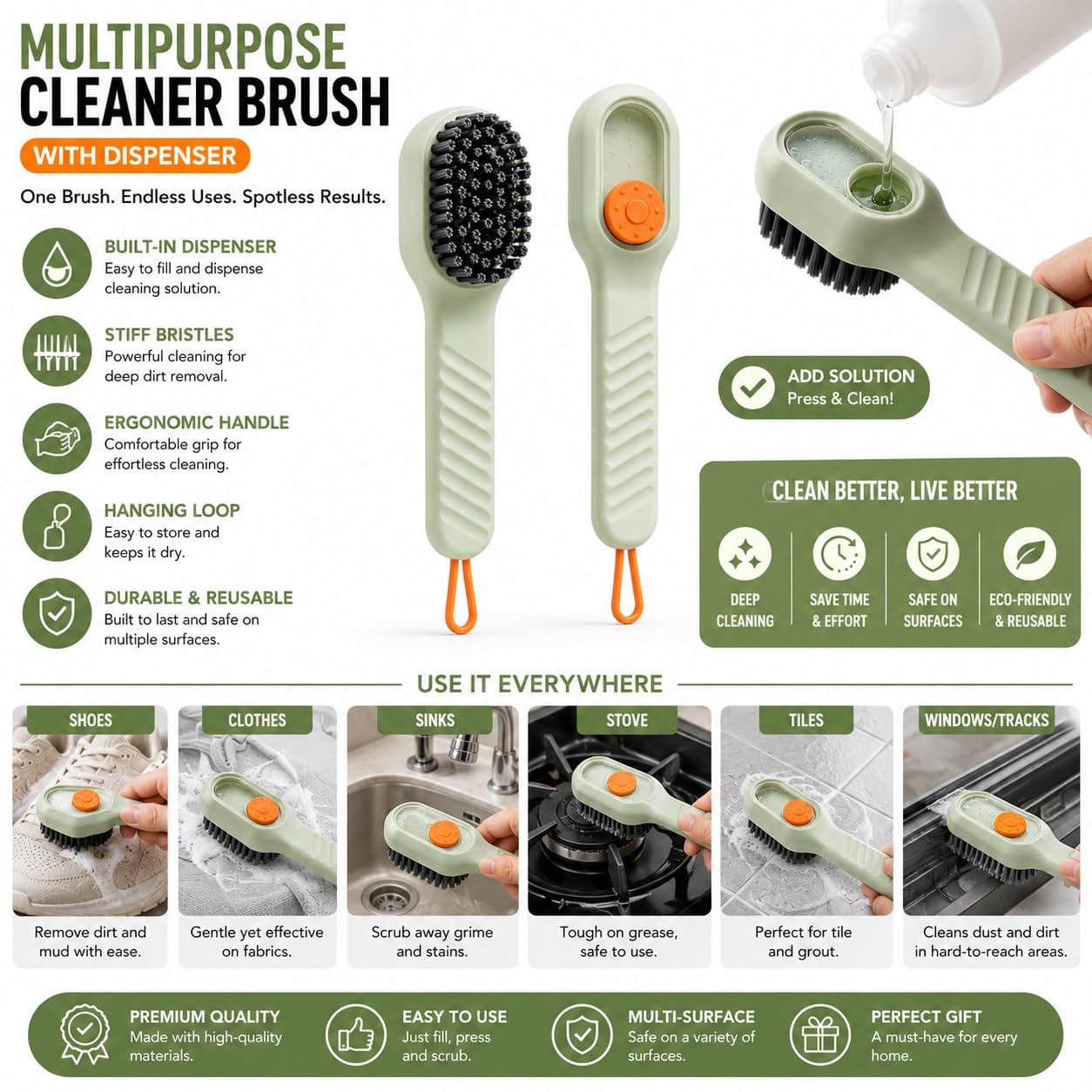 Multifunctional Liquid Shoe Brush with Soap Dispenser - Pack of 1 | Press Type Cleaning Box Long Handle Washer for Sneakers, Sports Shoes, Leather & Household