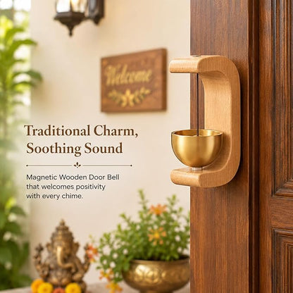 Wooden Door Bell with Brass Bowl | Magnetic Door Chime Bell | Shopkeepers Doorbell for Door Opening | Decorative Magnetic Chime | Ideal for Home, Shop & Housewarming Gift - C-Shaped