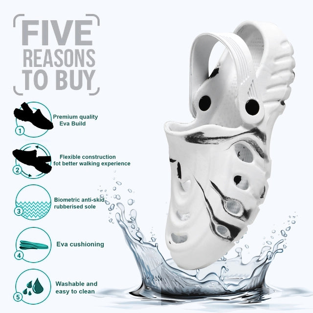 White & Black Clogs for Men, EVA Slip-On with Adjustable Strap, Lightweight, Slip Resistant